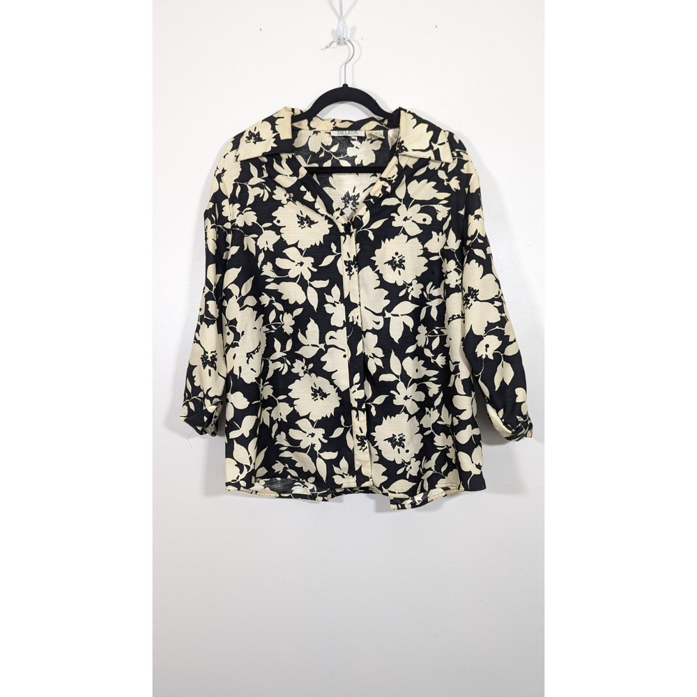 Selene‎ Sport 1X Button Up Blouse Black Beige Floral Print Top 3/4 Sleeve Plus